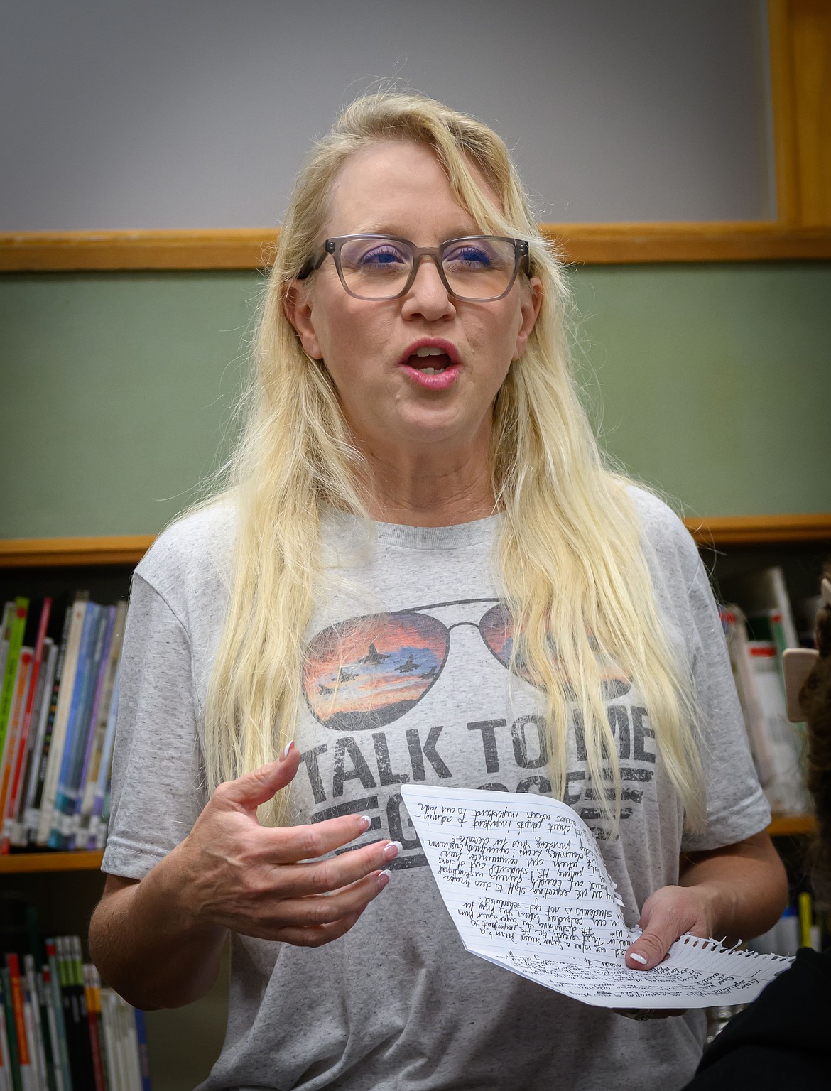 Plains resident Erika Lawyer expresses concerns about businesses and schools sponsoring the same events at a recent school board meeting. (Tracy Scott/Valley Press)