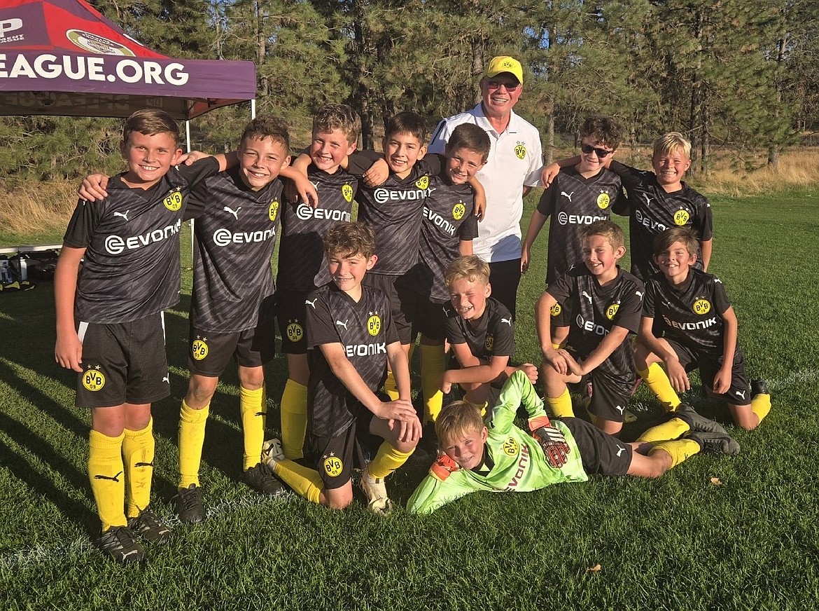 Courtesy photo
The BVBIA CDA Boys U11 soccer team defeated the Spokane Shadow B14 S Rave 3-2 Saturday at the Spokane Polo Fields in Airway Heights. In the front row from left are Ezra Herzog, Luke Johnson, Landon Skiles, Samuel Mojzis and Griffin Curry; and back row from left, Benjamin Erickson, Collin Pinchuk, Thatcher Lechleitner, Andres Lujan, Carter Marine, coach John O’Neil, Graysen Higgins and Jett Crandall.