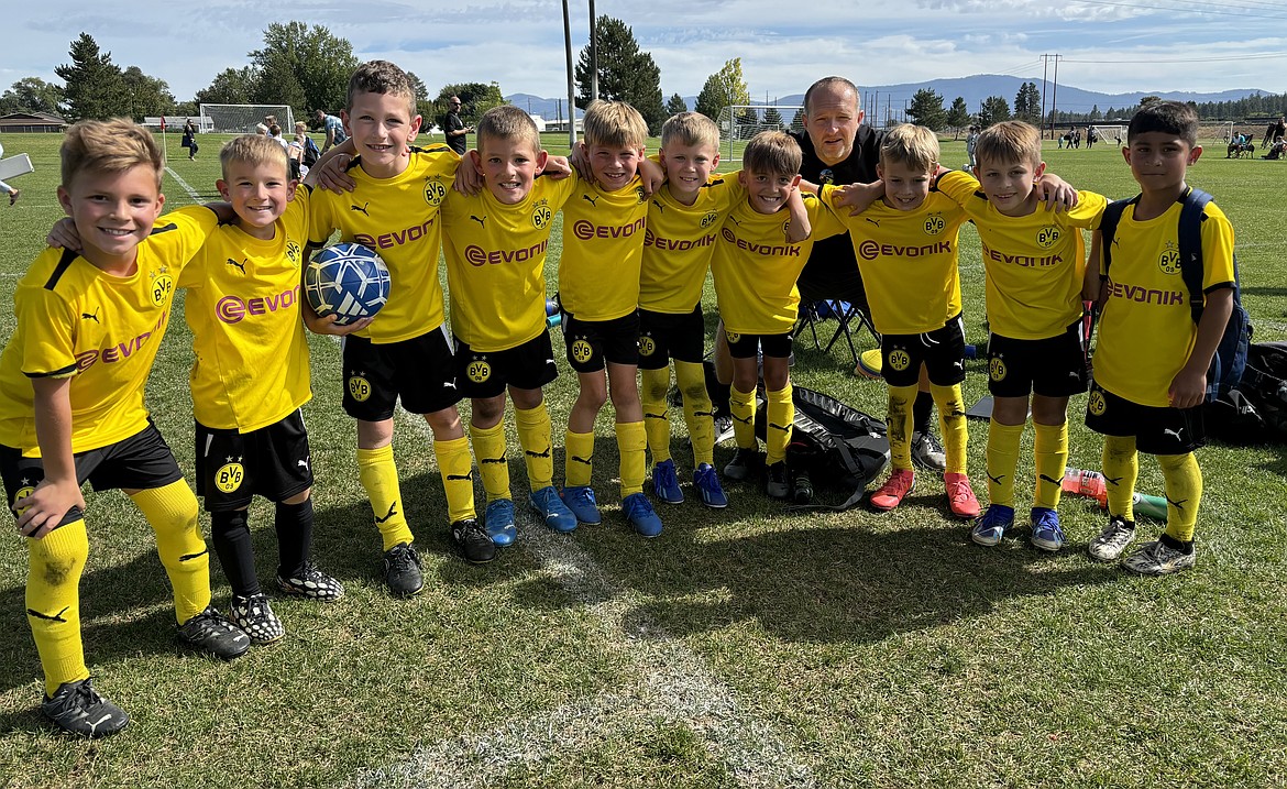 Courtesy photo
The BVBIA CDA Boys U09 Yellow soccer team defeated the WE Surf B17 Black 4-1. From left are Hugh Erickson, Ryker Raber, Cole Rounds, Krew Steenstra, Estes Hartley, Graham Brown, Onyx Barnes, coach Luka Gelbakhiani, Greyson Guy, Mitchell Volland and Jorge Rodriguez.