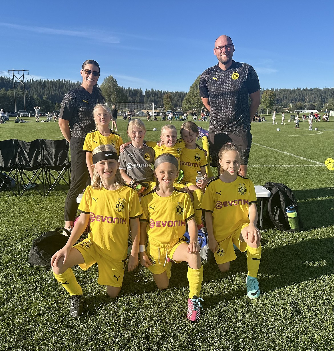 Courtesy photo
The BVBIA CDA Girls U09 team battled hard and scored their first goal against the WE Surf G16. In the front row from left are Nora Burt, Reagan Zimmerman and Sadi Lewis; and back row from left, coach Chelsie Dance, Jane Buffum, Kaia Lindenstein, Grace Looney, Esther Greene and coach Jason Steenstra.