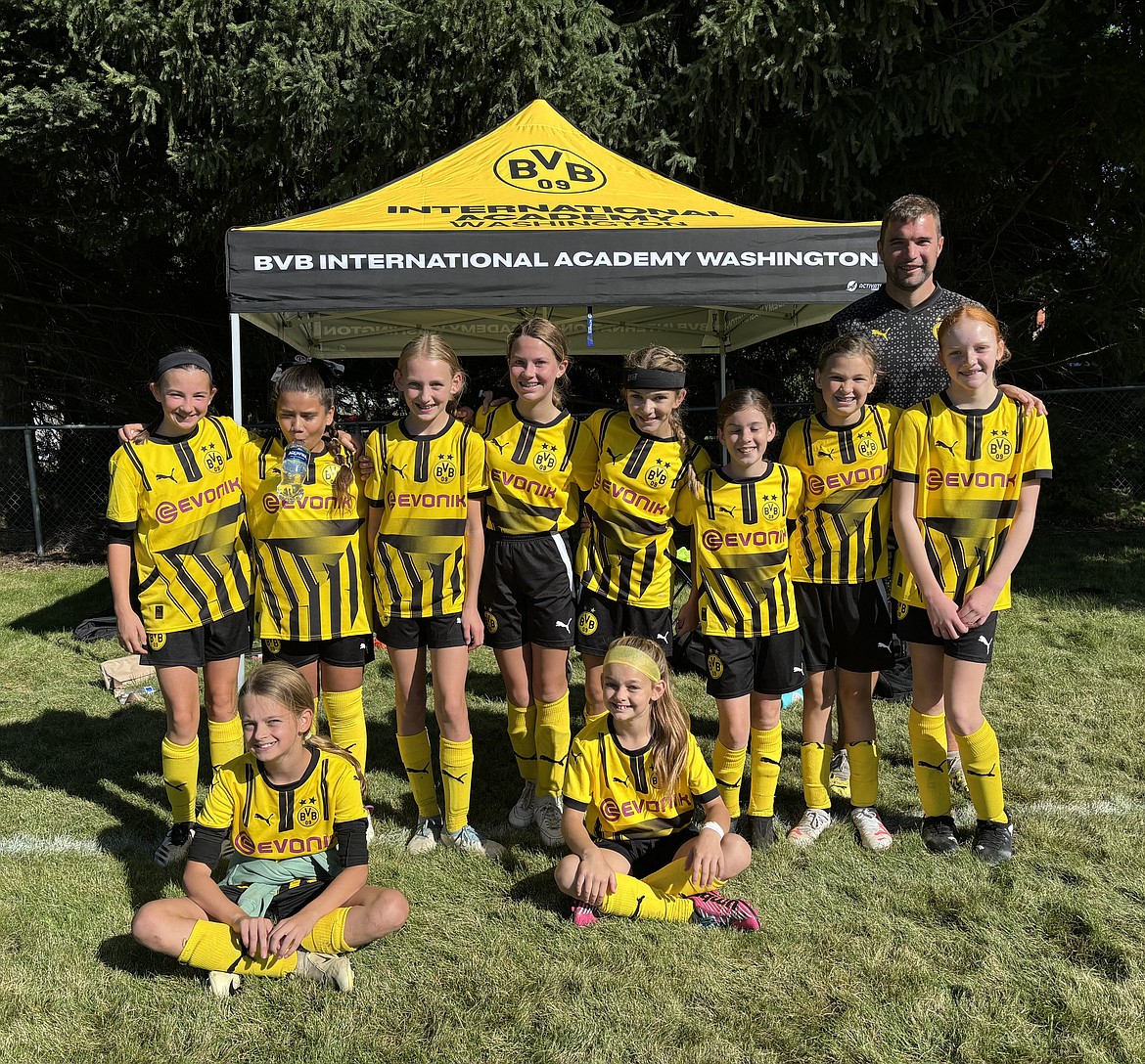 Courtesy photo
The BVBIA CDA Girls U13 soccer team hosted a doubleheader against WE Surf and Spokane Shadow over the weekend. In the front from left are Jetti Thomas and Kennedy Zimmerman; second row from left, Noelle Raber, Mia Rodriguez, Allie Stone, Stella Jones, Ella Herzog, Elin Vaniman, Zoey Morris and Tatum Gillmore; and rear, coach Ross Kuhn.