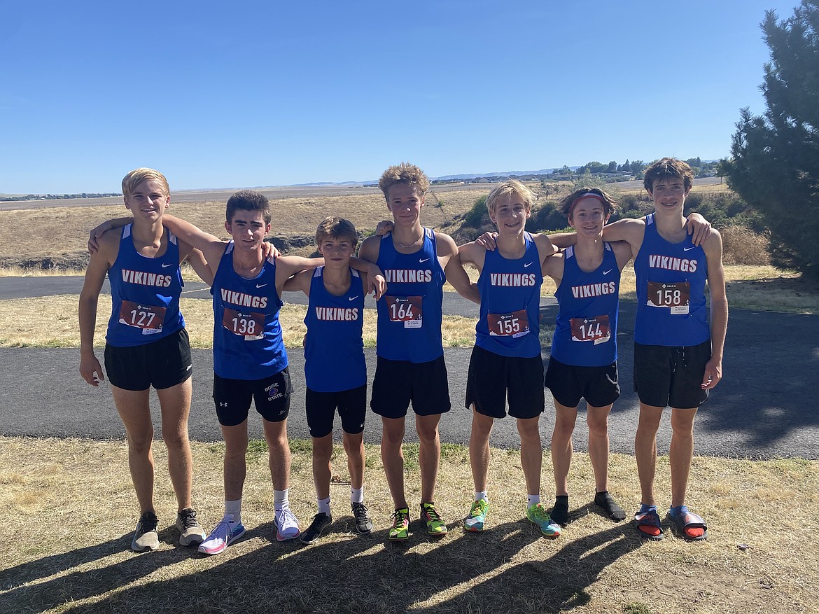 Courtesy photo
The Coeur d'Alene High junior varsity boys cross country team won the varsity race at the Les MacDowell Invitational at Lewiston Orchards. From left are Dante Carr, Ronan Kennedy, Davey Dance, Davis Tomczak, AJ Osler, Emmet McLachlan and Paxon Rasor.