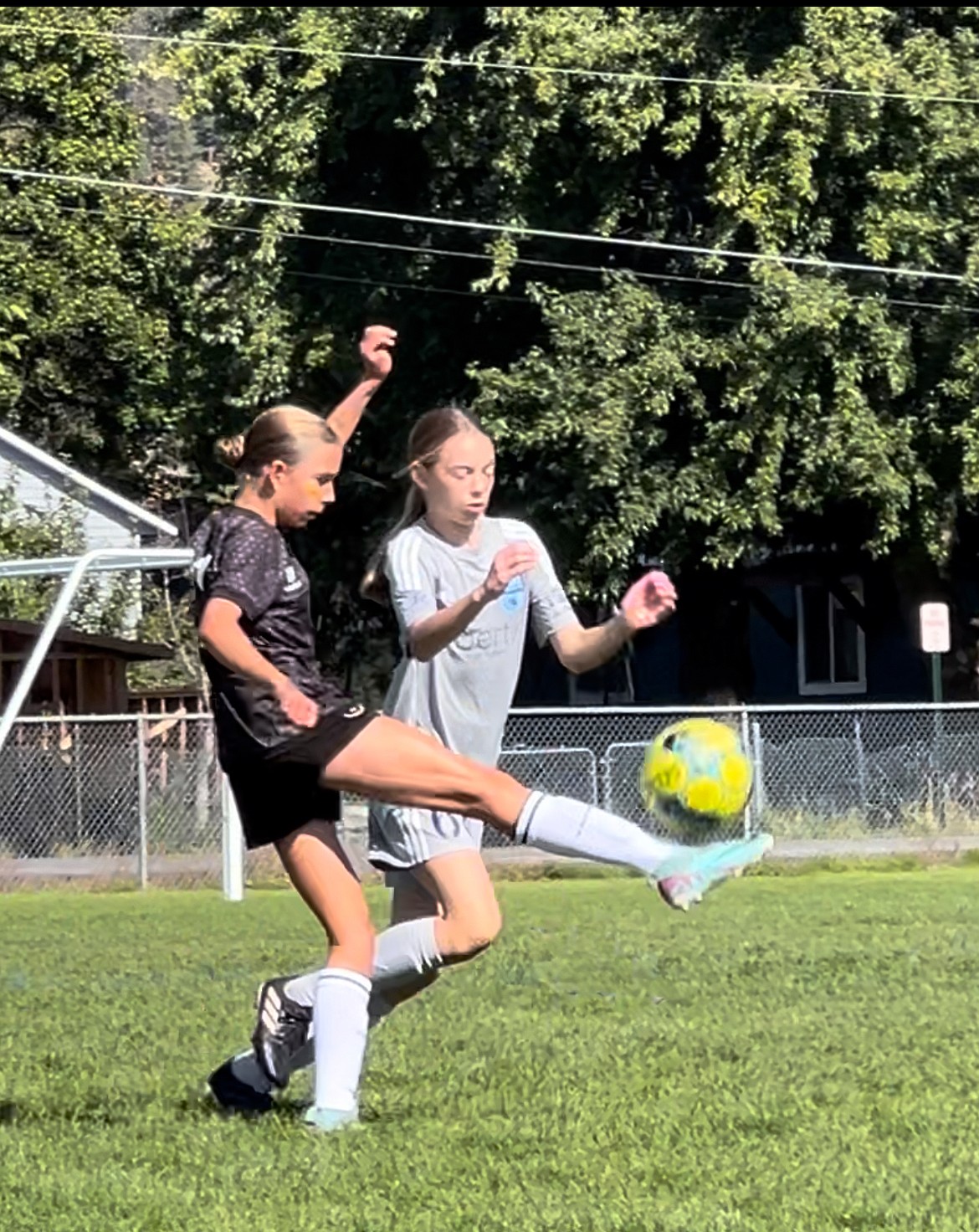 Photo by JULIE SPEELMAN
The Sting girls 11 soccer team beat the Spokane Shadow G11 Sambra 4-0 on Saturday. Elle Sousley scored three goals, Gracie McVey (pictured at left) one.