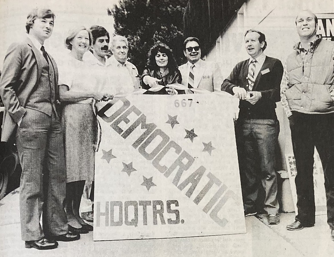 In 1984, Pierce Clegg, right, was among the Kootenai County Democrats who celebrated the opening of party headquarters. Pictured, from left: Tom Giovanelli, Mary Lou Reed, Terry Eastman, Jim Todd, Alice Anderson, Ray Oliver, Don Heikkala and Clegg.