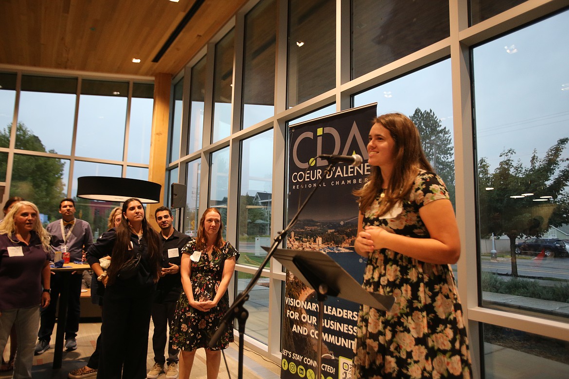 Coeur du Christ humanities teacher Vita Clute introduces herself Wednesday evening at the New Educators Reception at North Idaho College, presented by the Coeur d'Alene Regional Chamber.