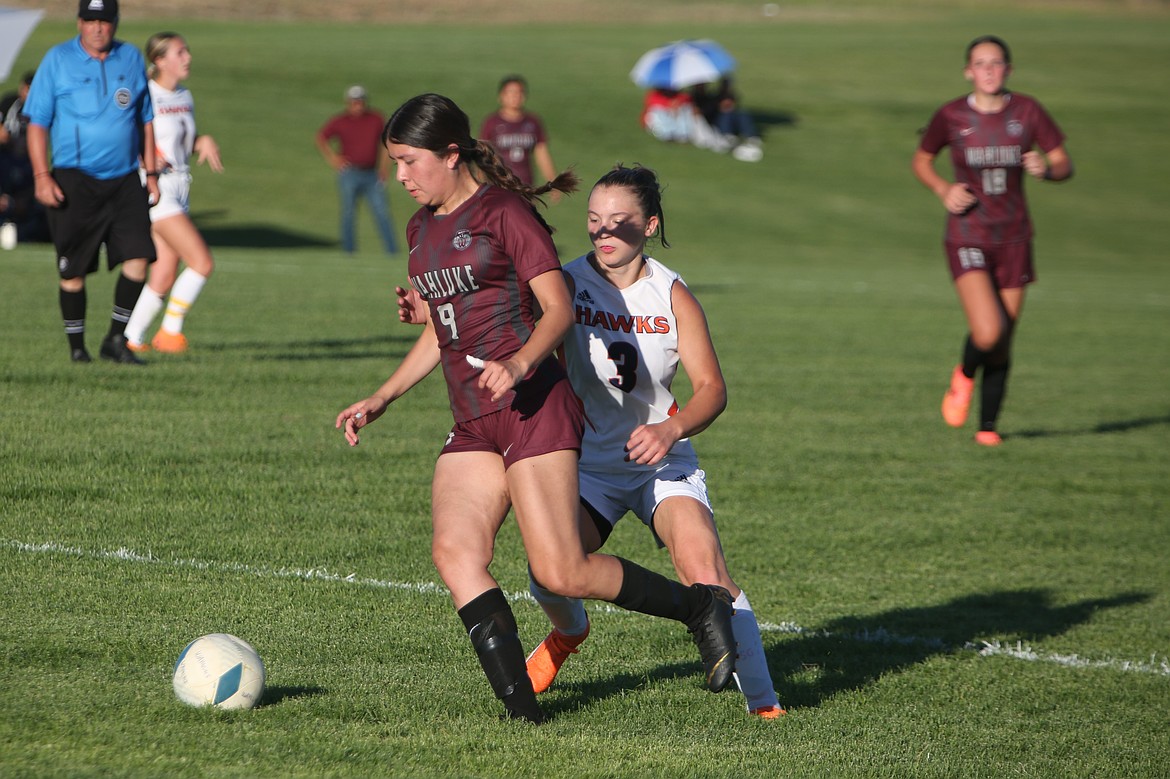 Wahluke senior Melany Meza Mendoza (9) brings the ball toward the College Place net late in the match on Tuesday afternoon. The senior scored in the 73rd minute of the match.