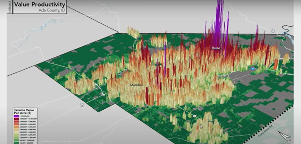 A visual from Urban3 to map financial productivity in Ada County. Post Falls is contracting with Urban3 to undertake similar visuals of the current and projected growth for the area.