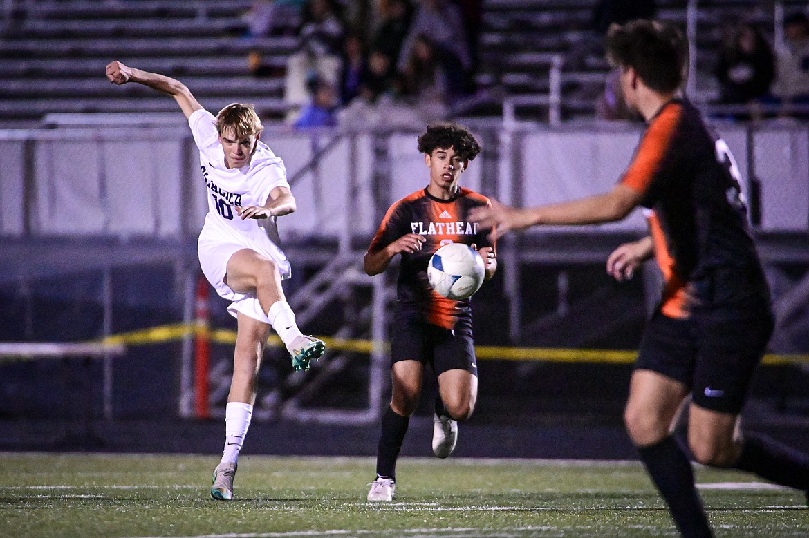 Glacier's Brayden Jenkinson (10) shoots in the second half against Flathead at Legends Stadium on Thursday, Sept. 26. (Casey Kreider/Daily Inter Lake)