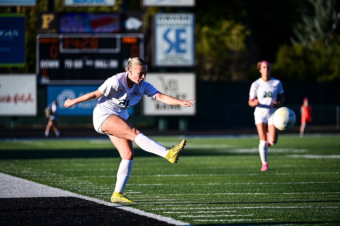 Glacier's Emmery Schmidt (21) shoots in the first half against Flathead at Legends Stadium on Thursday, Sept. 26. (Casey Kreider/Daily Inter Lake)