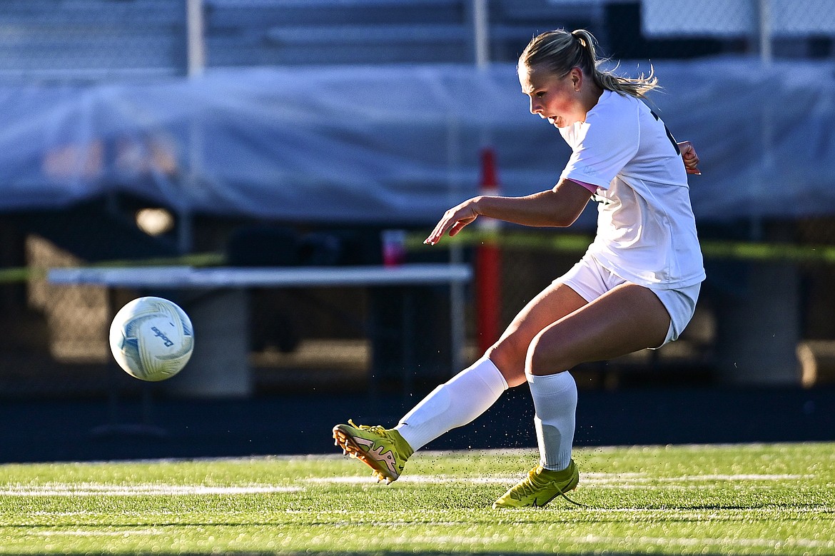 Glacier's Emmery Schmidt (21) shoots in the first half againt Flathead at Legends Stadium on Thursday, Sept. 26. (Casey Kreider/Daily Inter Lake)