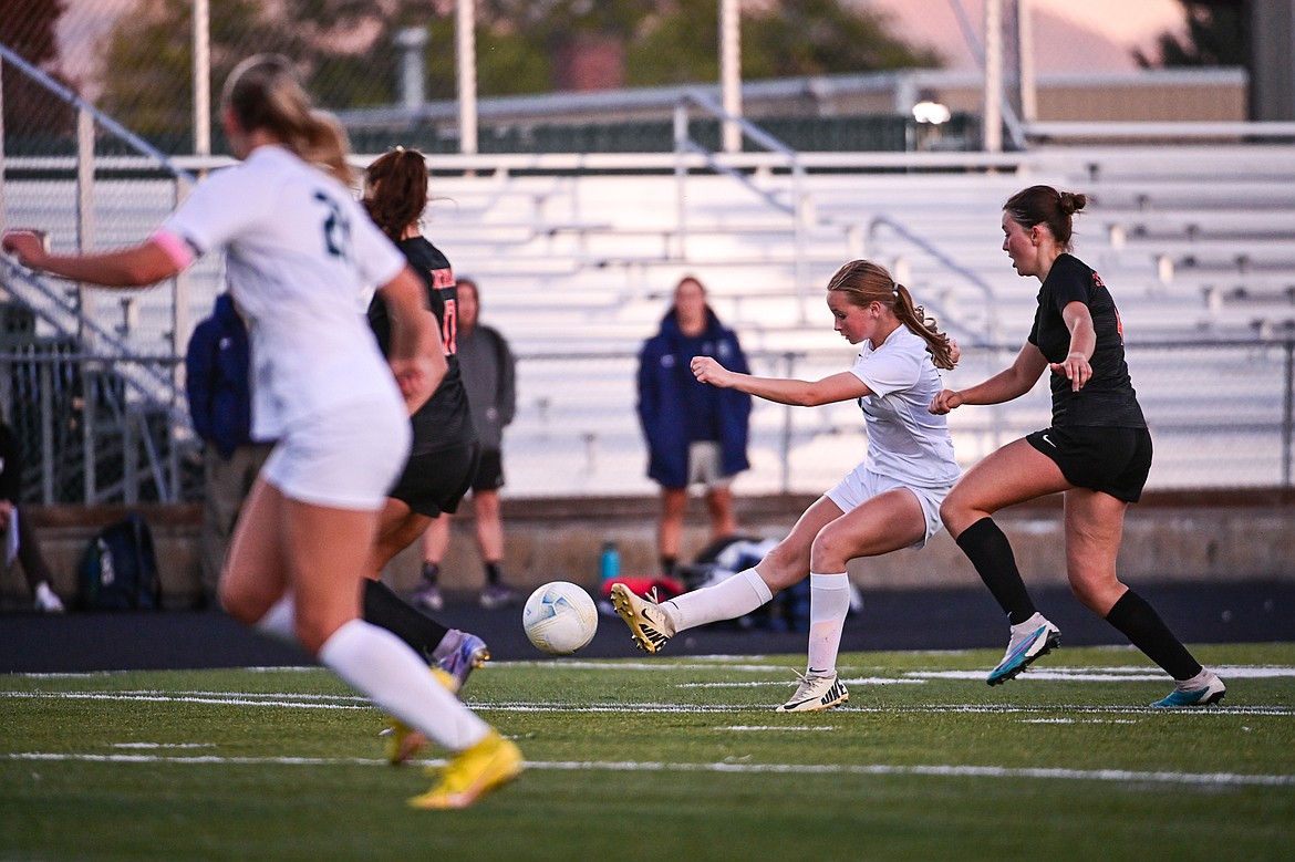 Glacier's Lucy Holloway (12) shoots in the second half against Flathead at Legends Stadium on Thursday, Sept. 26. (Casey Kreider/Daily Inter Lake)