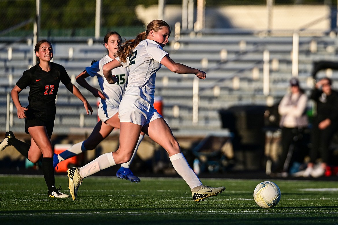 Glacier's Lucy Holloway (12) shoots in the first half against Flathead at Legends Stadium on Thursday, Sept. 26. (Casey Kreider/Daily Inter Lake)