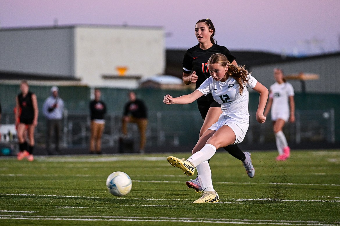 Glacier's Lucy Holloway (12) shoots in the second half against Flathead at Legends Stadium on Thursday, Sept. 26. (Casey Kreider/Daily Inter Lake)