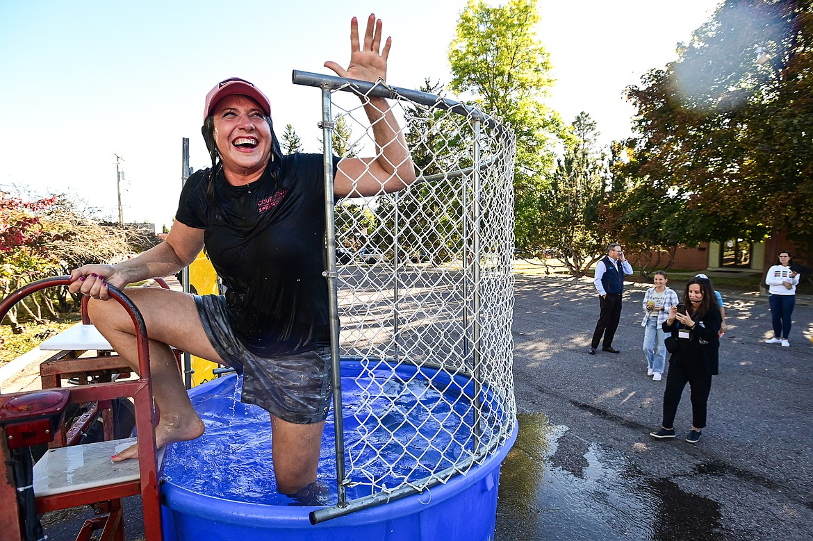 Rep. Courtenay Sprunger laughs as she steps out of the dunk tank during a groundbreaking ceremony for Samaritan House's expansion project on Thursday, Sept. 26. (Casey Kreider/Daily Inter Lake)