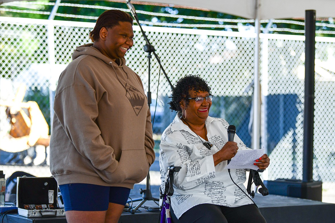 Samaritan House residents Michaela and Joan Corbin speak during a groundbreaking ceremony for the expansion project on Thursday, Sept. 26. (Casey Kreider/Daily Inter Lake)