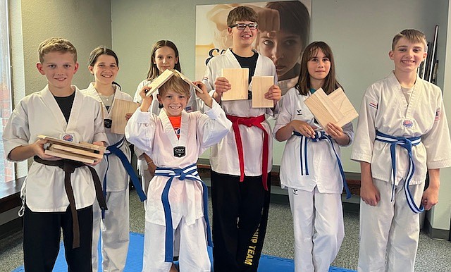 The following members of the beginner/intermediate classes at Sandpoint Martial Arts aced their recent belt tests. Front row, from left are Braden Burrows (Brown Belt), Gavin Schuck (Blue, white stripe), Xander Cheney (Red Belt), Kate Judd (Blue, white stripe), Rhys Hughes (Blue, white stripe). Back row, from left are
Faith Hughes (Blue, white stripe) and Liley Hedlund (Blue Belt).