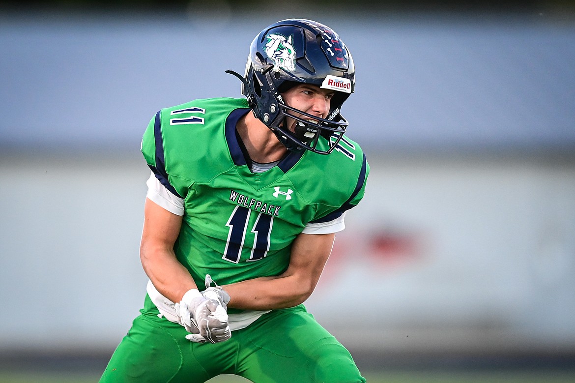 Glacier linebacker Asher Knopik (11) celebrates after a tackle in the first quarter against Missoula Hellgate at Legends Stadium on Friday, Sept. 27. (Casey Kreider/Daily Inter Lake)