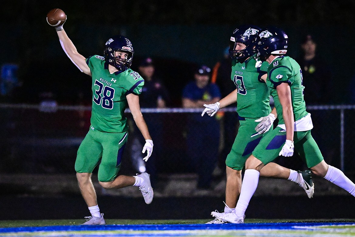 Glacier kick returner Carson Baker (38) celebrates after returning a kickoff for a touchdown in the third quarter against Missoula Hellgate at Legends Stadium on Friday, Sept. 27. (Casey Kreider/Daily Inter Lake)