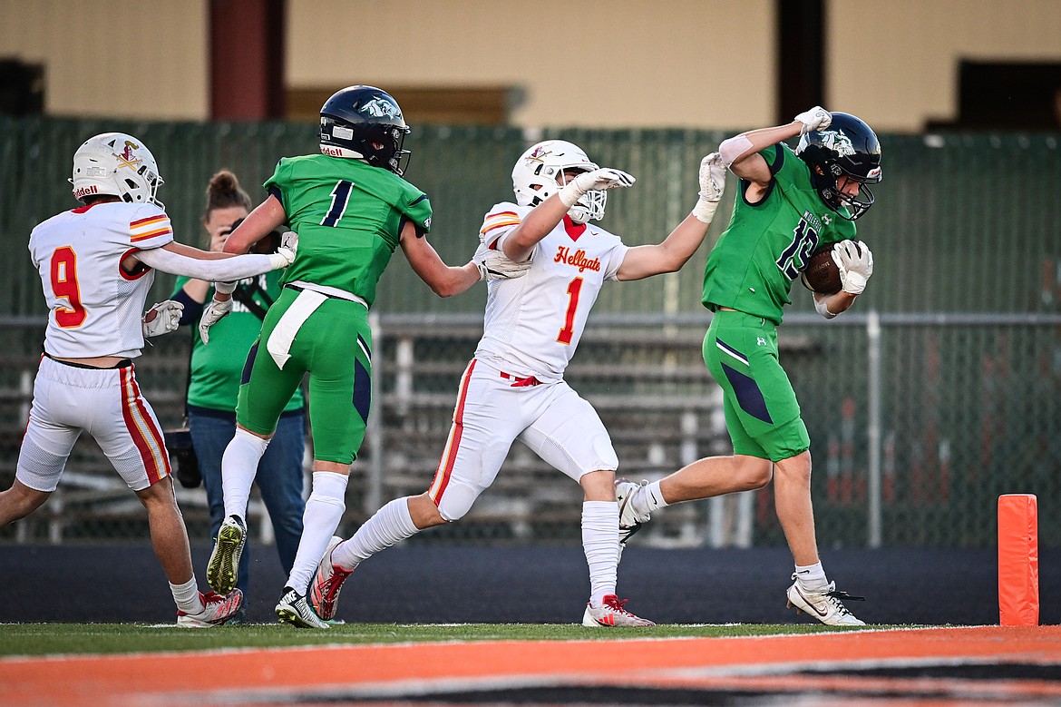 Glacier wide receiver Easton Kauffman (19) scores a touchdown on a reception in the first quarter against Missoula Hellgate at Legends Stadium on Friday, Sept. 27. (Casey Kreider/Daily Inter Lake)