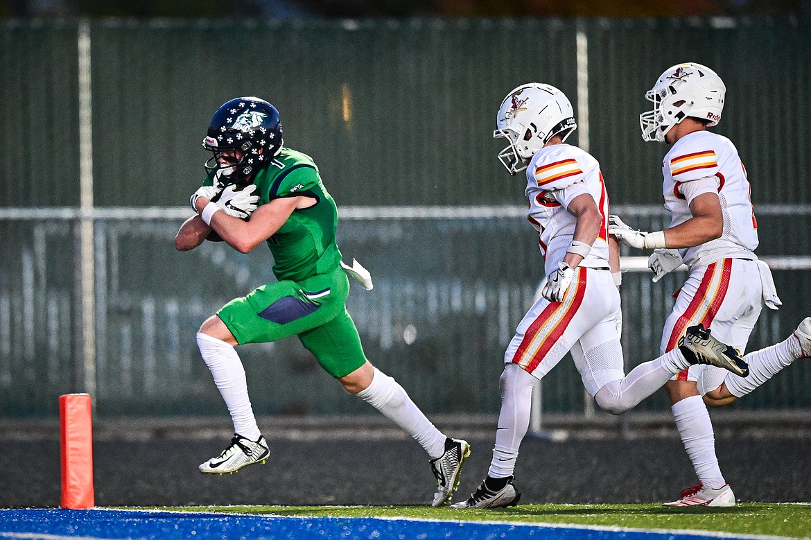 Glacier wide receiver Bridger Smith (1) scores a touchdown on a reception in the second quarter against Missoula Hellgate at Legends Stadium on Friday, Sept. 27. (Casey Kreider/Daily Inter Lake)