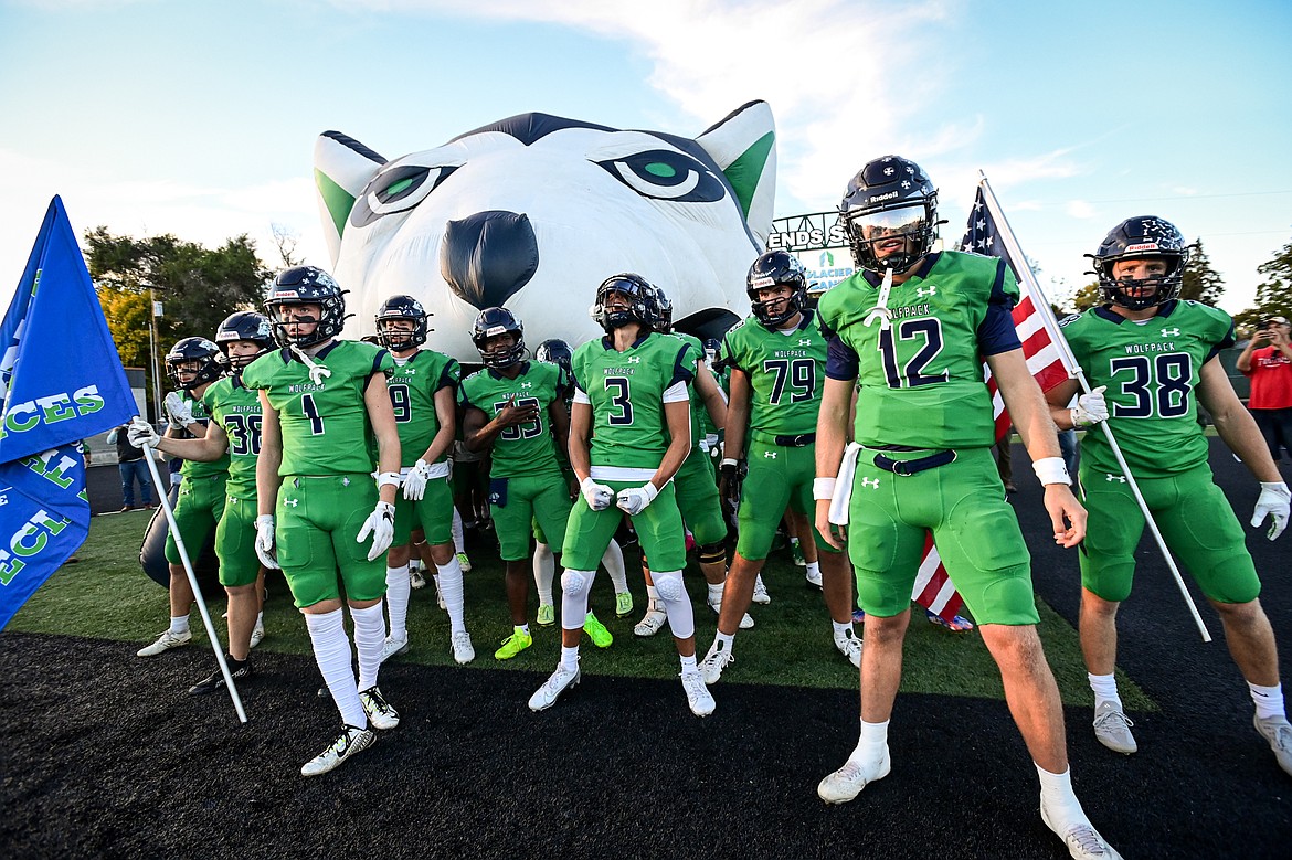 The Glacier Wolfpack wait to take the field before their matchup against Missoula Hellgate at Legends Stadium on Friday, Sept. 27. (Casey Kreider/Daily Inter Lake)