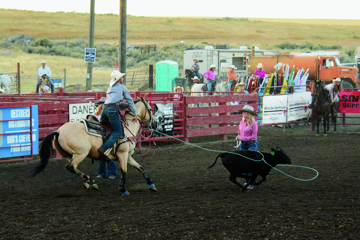 A cowboy catches a calf during the calf roping event at the Ritzville Rodeo Friday night.