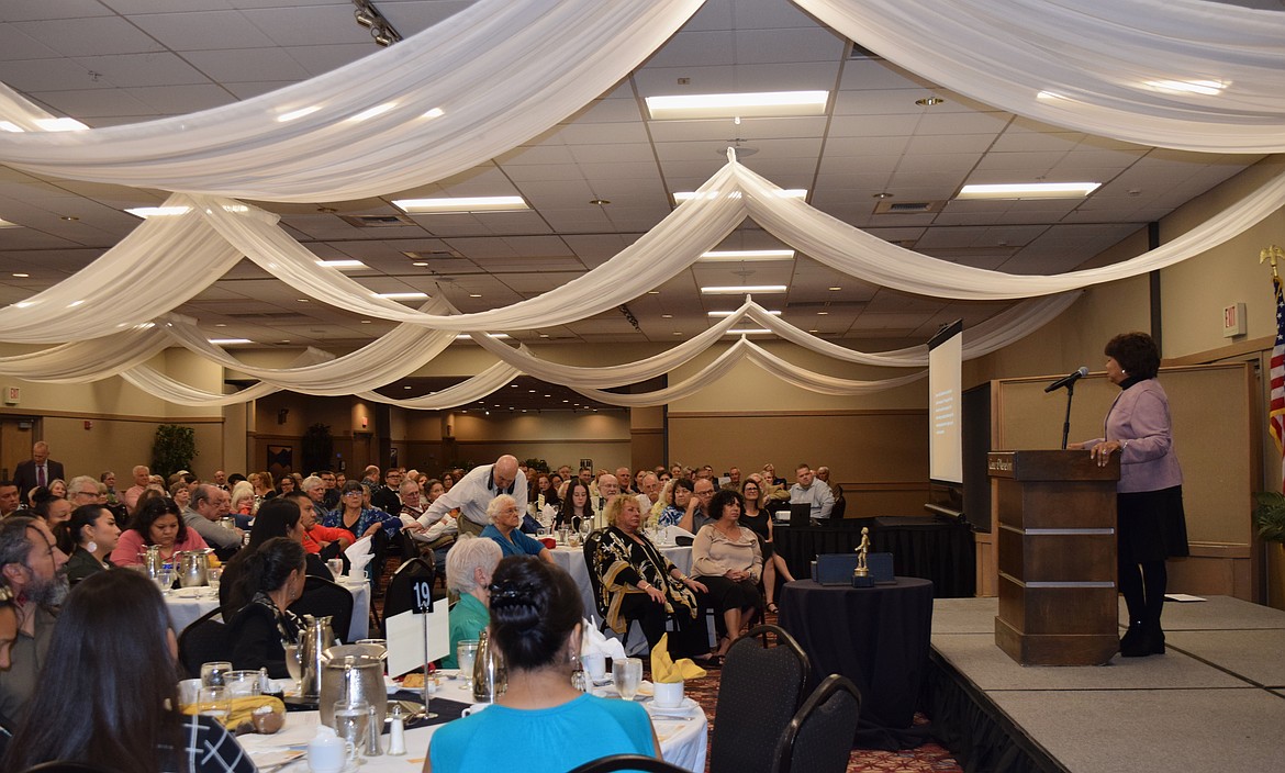 Keynote speaker Cheryl Brown Henderson addresses the crowd during the Kootenai County Task Force on Human Relations 25th annual banquet in Coeur d'Alene on Saturday night.