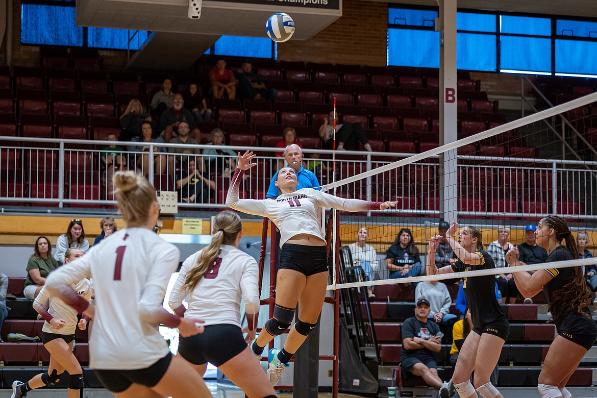 KYLE DISHAW PHOTOGRAPHY
North Idaho College freshman Annie Lewis gets up for a spike during Saturday's Scenic West Athletic Conference match against College of Southern Idaho at Christianson Gymnasium.