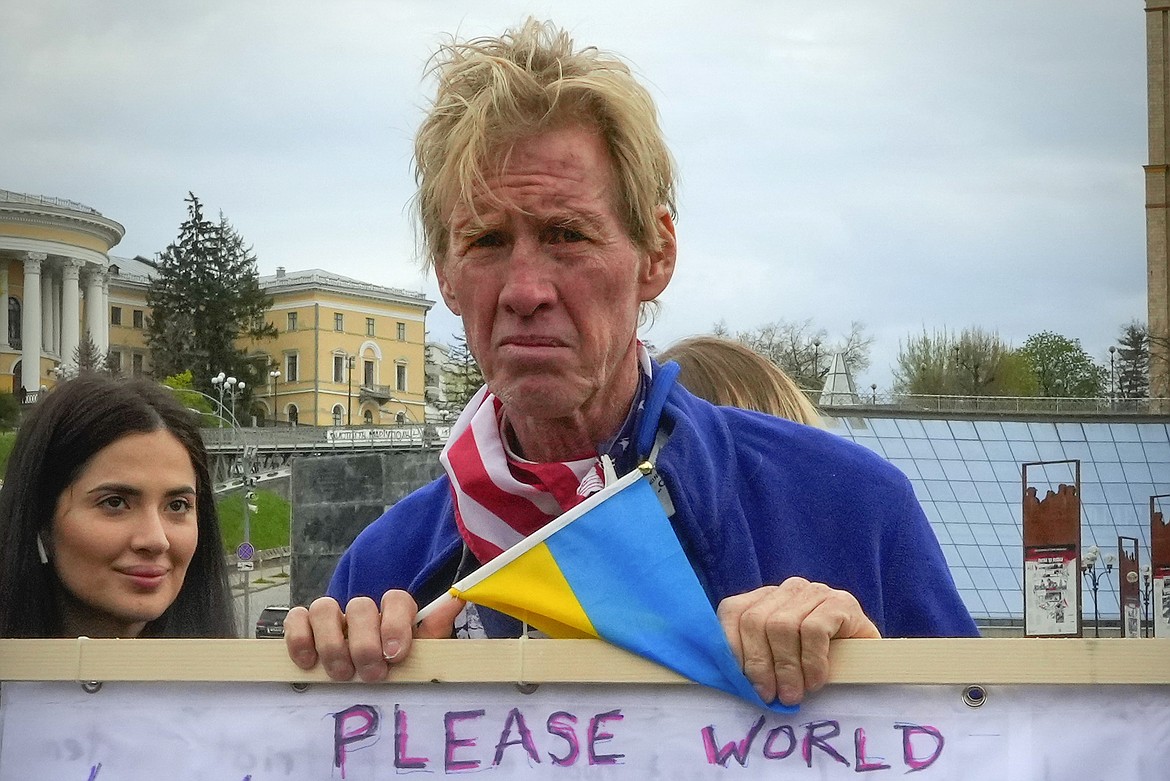 Ryan Wesley Routh takes part in a rally in central Kyiv, Ukraine, Saturday, April 30, 2022. (AP Photo/Efrem Lukatsky)