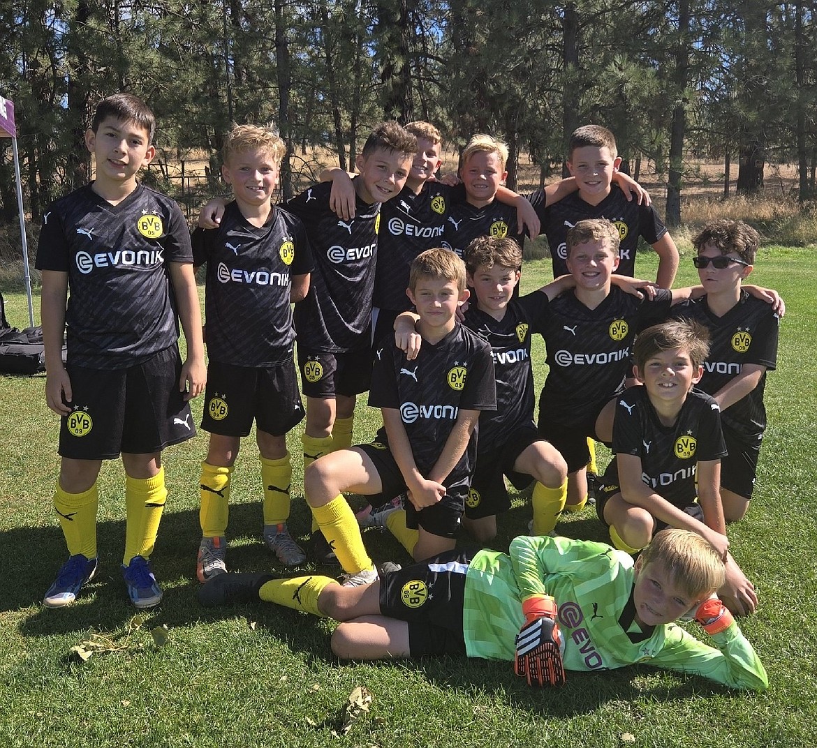 Courtesy photo
The BVBIA CDA boys U11 Yellow soccer team lost to Spokane Shadow B14 N Rave at the Spokane Polo Fields in Airway Heights on Saturday afternoon. In the front is Ezra Herzog, first row from left, Samuel Mojzis, Luke Johnson, Thatcher Lechlietner, Griffin Curry and Graysen Higgins; and back row from left, Andres Lujan, Landon Skiles, Colin Pinchuk, Ben Erickson, Jett Crandall and Carter Marine.