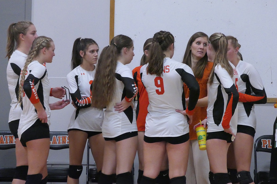 Trotters head coach Kim Lokke (second from right) goes over the game plan with her team during their win over Arlee this past Thursday in Plains. (Chuck Bandel/VP-MI)