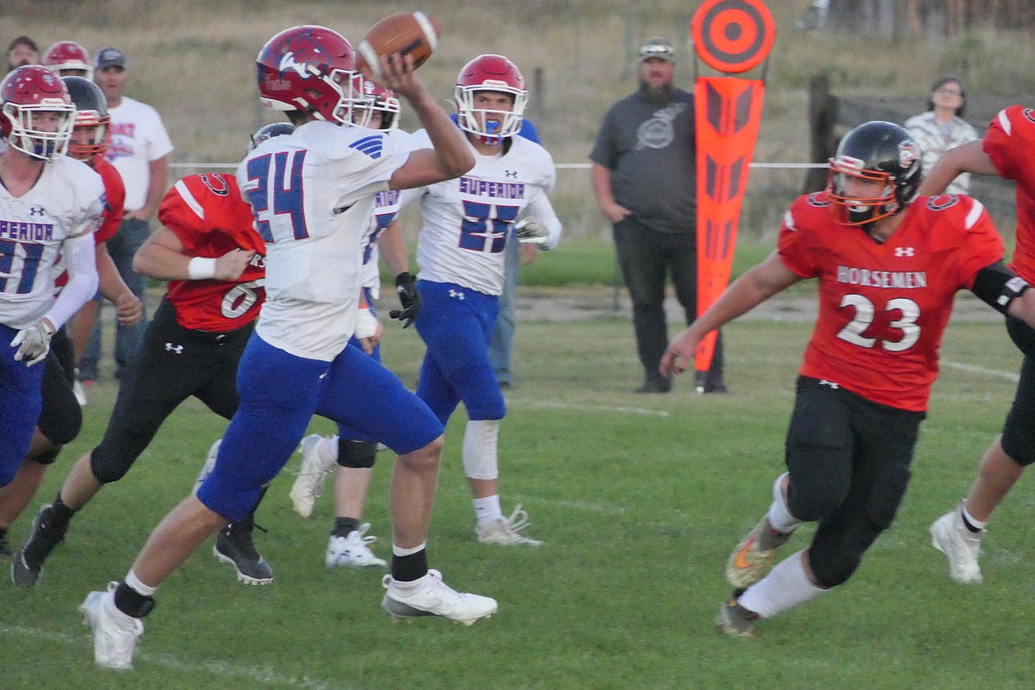 Superior quarterback Landon Richards (24) prepares for a short throw under the watchful eyes of Plains defender Caleb Lakko Friday night in Plains.  (Chuck Bandel/VP-MI)