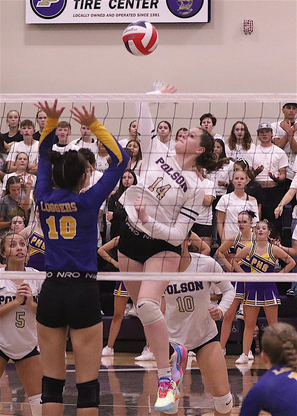 Polson's McKenna Corley slams the ball across the net in last Thursday's volleball action against Libby. She posted 31 kills last week, including 22 against Whitefish. (Bob Gunderson photo)