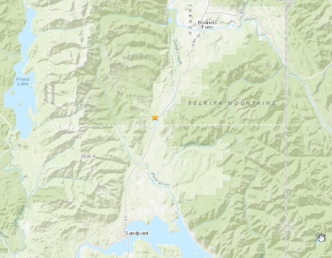 An earthquake halfway between Bonners Ferry and Sandpoint on Monday morning was registered by the U.S. Geological Survey. The earthquake was recorded as a 2.7 magnitude.