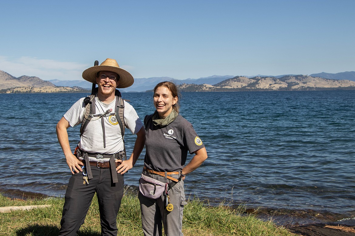 Ranger Zack Story and Land Improvement Specialist Kalle Foz. and at a volunteer event on Wild Horse Island through Montana Fish, Wildlife and Parks on Sept. 28, 2024. (Kate Heston/Daily Inter Lake)