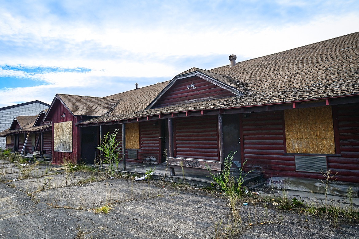 Old units with smashed or boarded up windows and doors along Third Avenue East at the former Fairbridge Inn & Suites and Outlaw Convention Center in Kalispell on Tuesday, Oct. 1. (Casey Kreider/Daily Inter Lake)