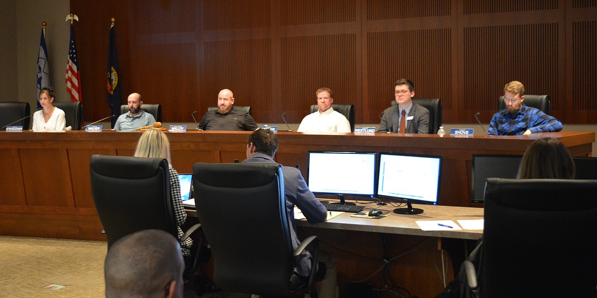 City Councilors Samantha Steigleder, Josh Walker, Joe Malloy, Nathan Ziegler, Randy Westlund and Kenny Shove at Tuesday's City Council meeting.