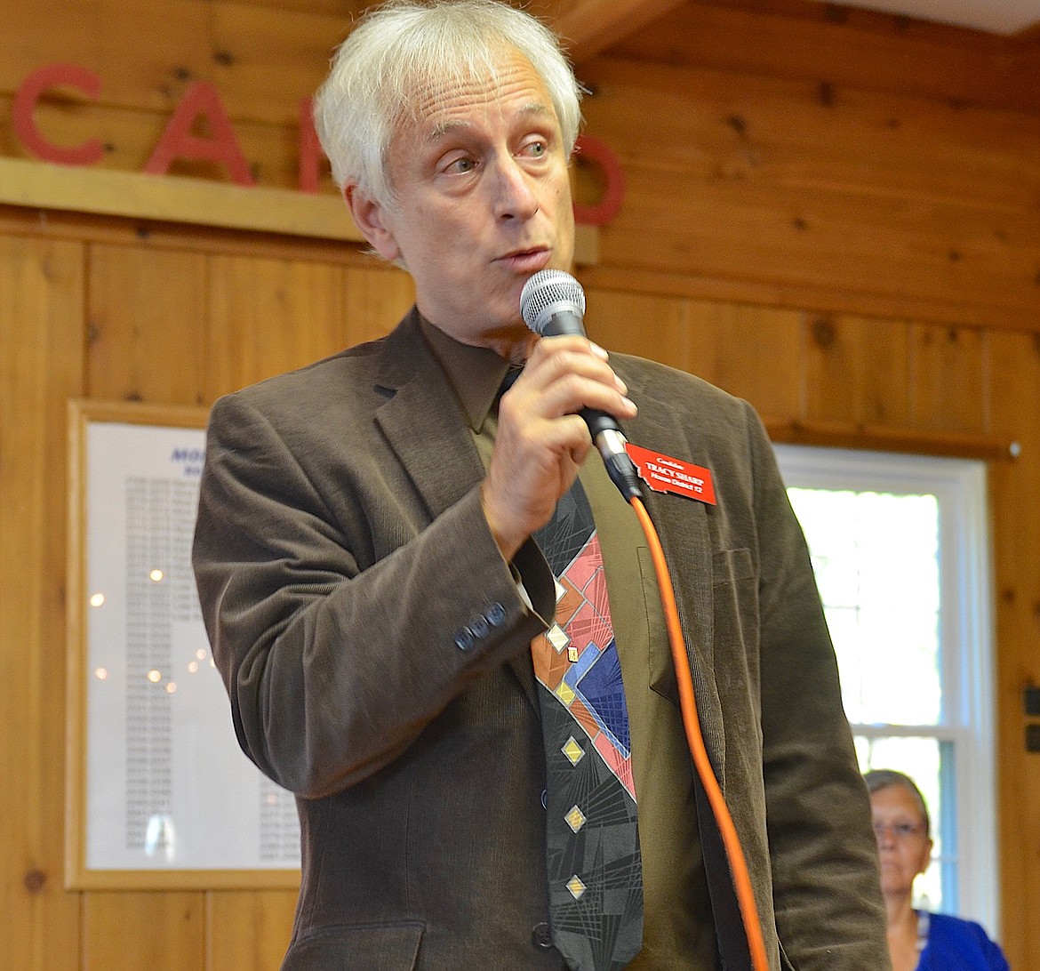 Republican Tracy Sharp of Polson, who is seeking to represent the redrawn House District 12, speaks at last week's candidate's forum. His opponent, Barry Olson of Bigfork, did not attend. (Kristi Niemeyer/Leader)