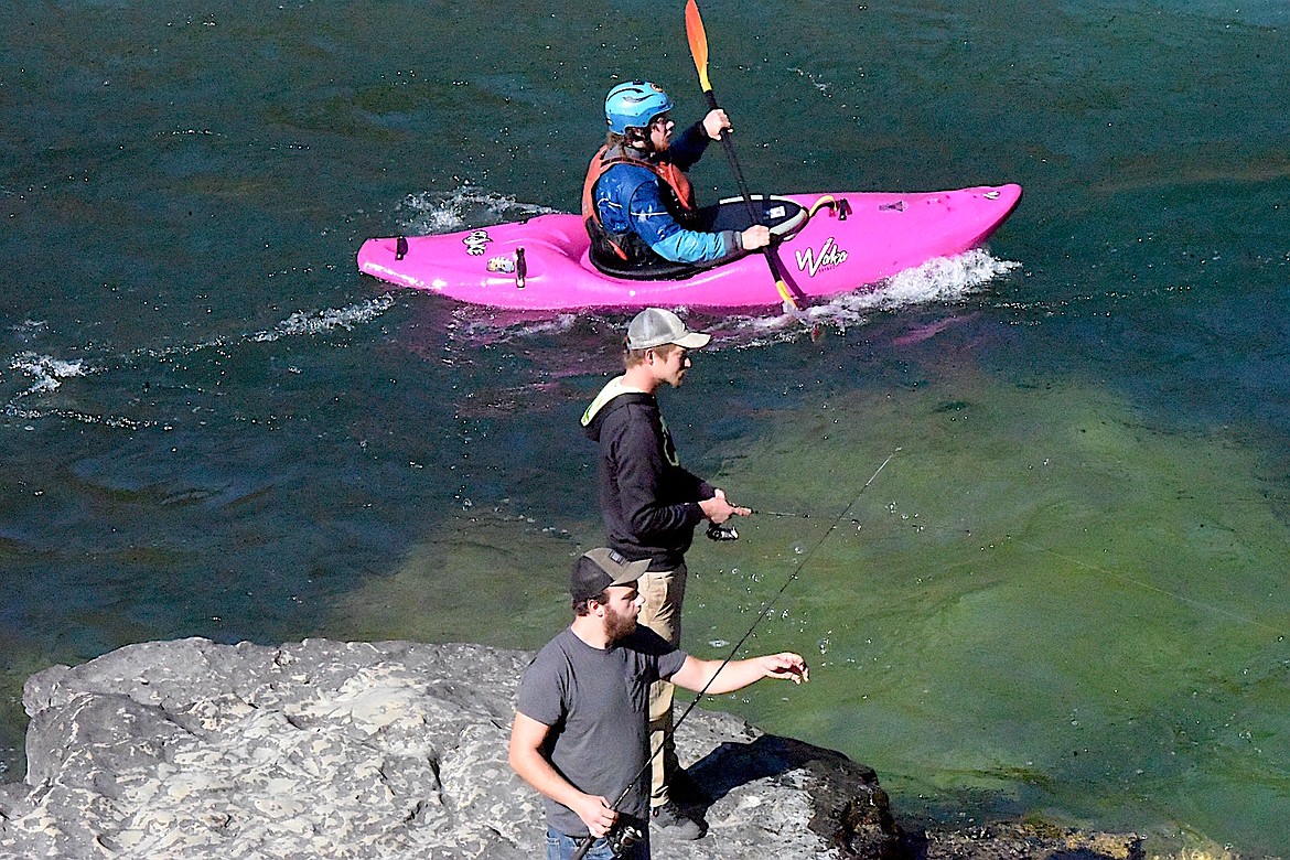 Kokanee salmon anglers share the Kootenai River with whitewater kayakers Saturday, Sept. 21, 2024. (Scott Shindledecker/The Western News)