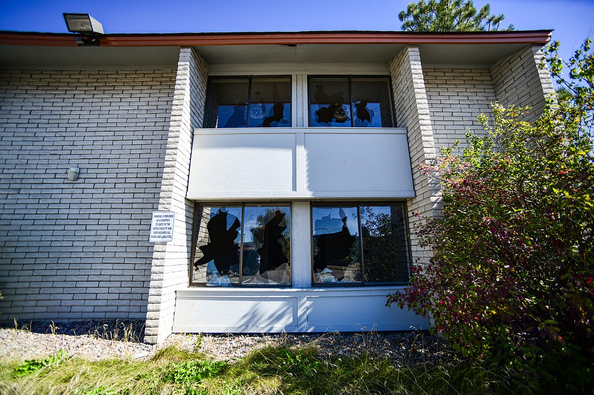 Shattered windows at the former Fairbridge Inn & Suites and Outlaw Convention Center in Kalispell on Tuesday, Oct. 1. (Casey Kreider/Daily Inter Lake)