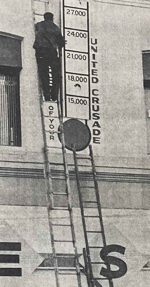 Mel Mertens of Panhandle Neon puts a thermometer in place on the Elder Building in downtown Coeur d’Alene to keep track of United Way giving in 1959.