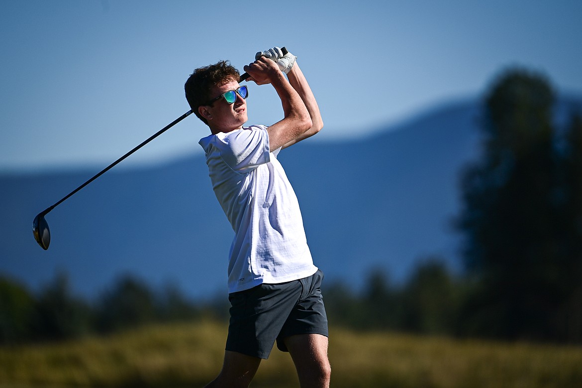 Butte's Chase Choquette tees off on the twelfth hole during the Class AA State Golf Tournament at Northern Pines Golf Club in Kalispell on Thursday, Oct. 3. (Casey Kreider/Daily Inter Lake)