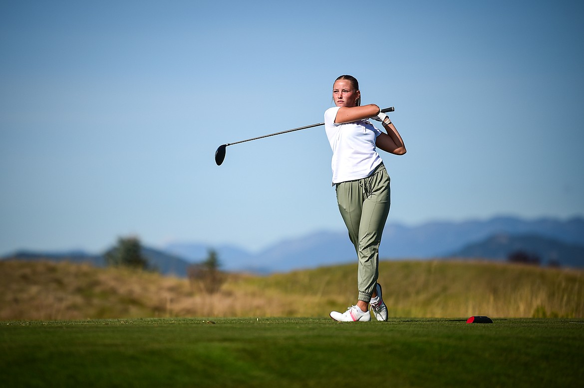 Flathead's Kyrie Gislason tees off on the fifth hole during the Class AA State Golf Tournament at Northern Pines Golf Club in Kalispell on Thursday, Oct. 3. (Casey Kreider/Daily Inter Lake)