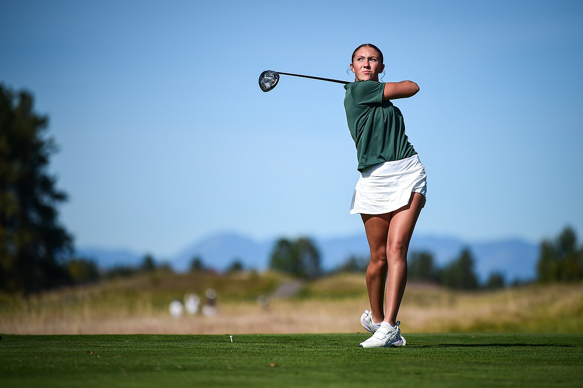 Glacier's Kendall Tkachyk tees off on the seventh hole during the Class AA State Golf Tournament at Northern Pines Golf Club in Kalispell on Thursday, Oct. 3. (Casey Kreider/Daily Inter Lake)