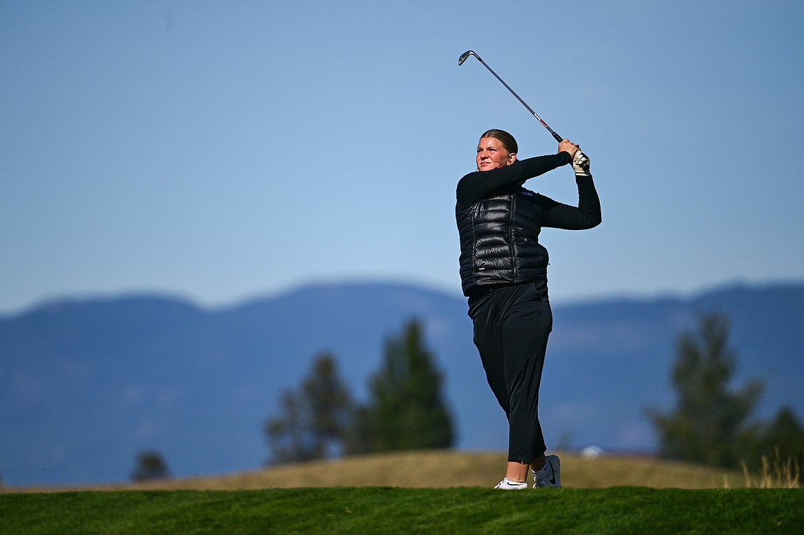 Helena's Morgan May tees off on the fourth hole during the Class AA State Golf Tournament at Northern Pines Golf Club in Kalispell on Thursday, Oct. 3. (Casey Kreider/Daily Inter Lake)