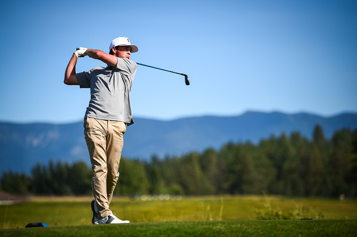 Missoula Sentinel's Willy Nowlen tees off on the first hole during the Class AA State Golf Tournament at Northern Pines Golf Club in Kalispell on Thursday, Oct. 3. (Casey Kreider/Daily Inter Lake)