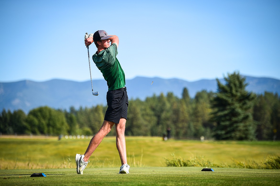 Glacier's Sam Engellant tees off on the first hole during the Class AA State Golf Tournament at Northern Pines Golf Club in Kalispell on Thursday, Oct. 3. (Casey Kreider/Daily Inter Lake)