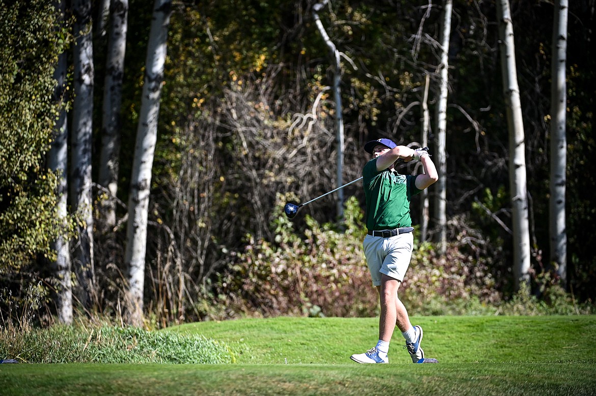 Glacier's Torren Murray tees off on the fifteenth hole during the Class AA State Golf Tournament at Northern Pines Golf Club in Kalispell on Thursday, Oct. 3. (Casey Kreider/Daily Inter Lake)