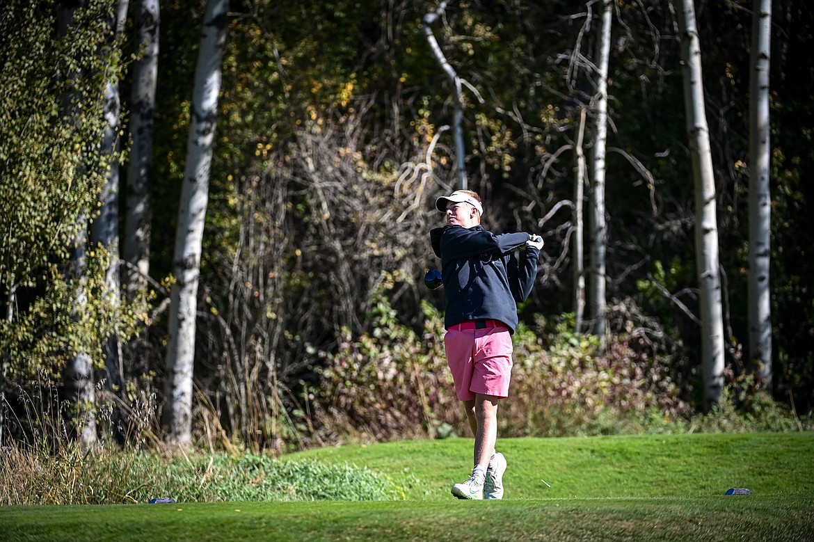 Bozeman's Cooper Bourret tees off on the fifteenth hole during the Class AA State Golf Tournament at Northern Pines Golf Club in Kalispell on Thursday, Oct. 3. (Casey Kreider/Daily Inter Lake)