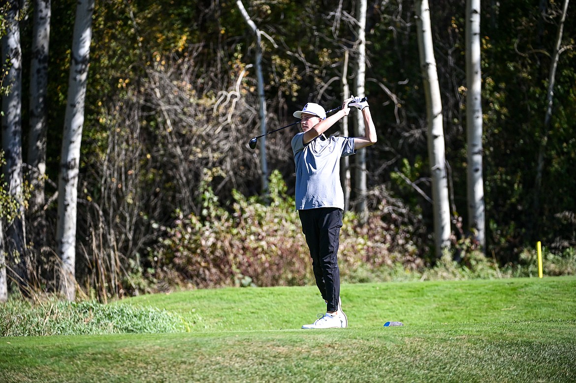 Missoula Sentinel's Hudson Goroski tees off on the fifteenth hole during the Class AA State Golf Tournament at Northern Pines Golf Club in Kalispell on Thursday, Oct. 3. (Casey Kreider/Daily Inter Lake)